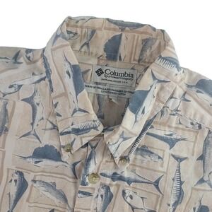 Columbia Fishing Shirt Mens Large Tan Blue Fish Print Cotton Short Sleeve PFG